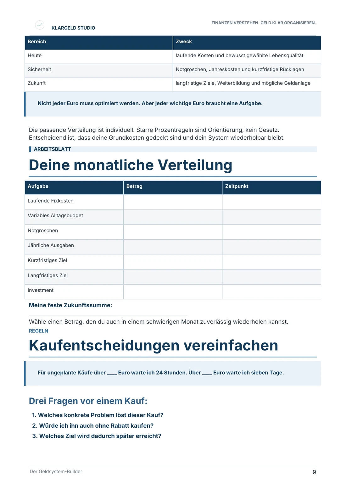 Arbeitsblatt zur monatlichen Verteilung