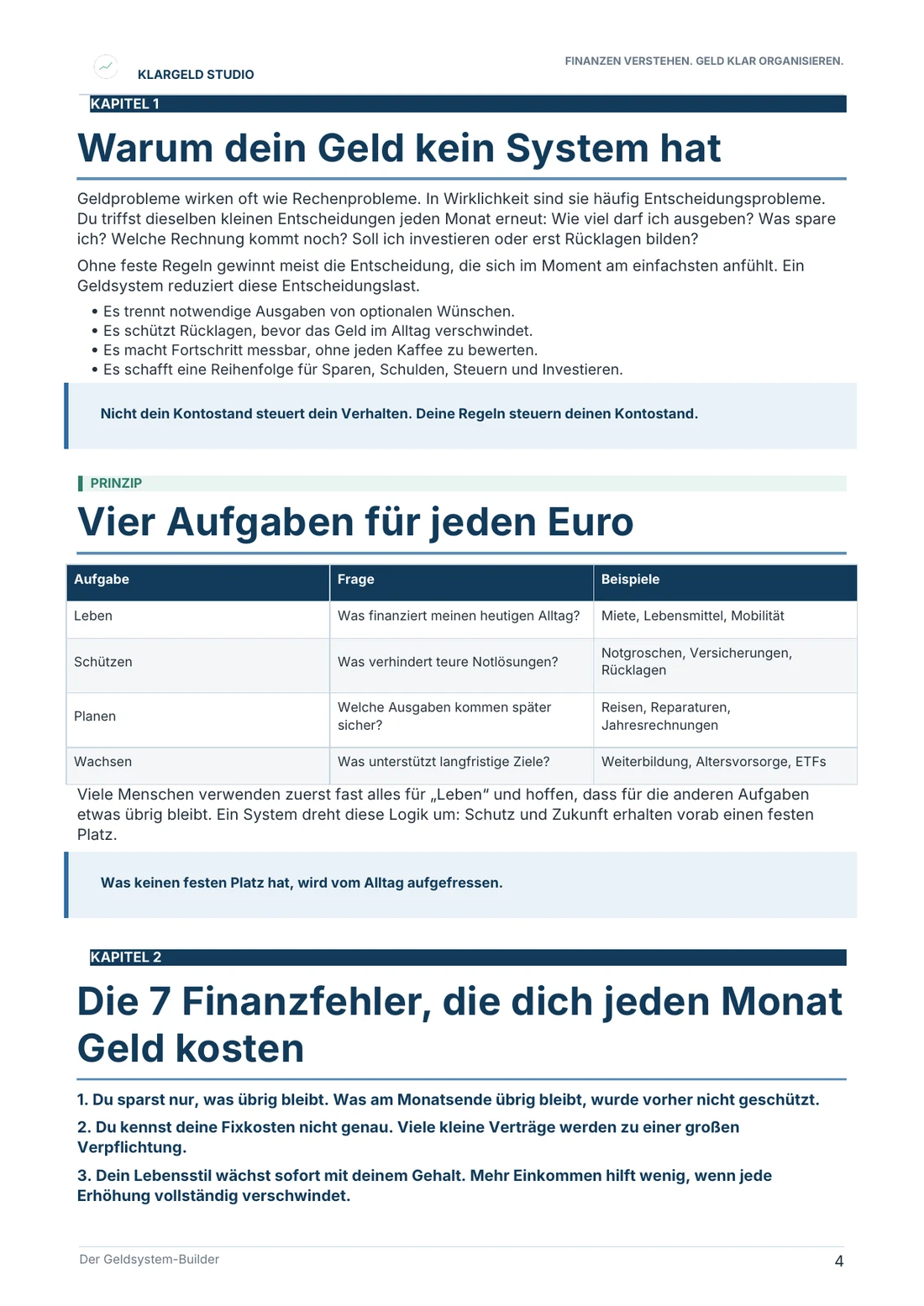 Vorschauseite über die vier Aufgaben jedes Euros